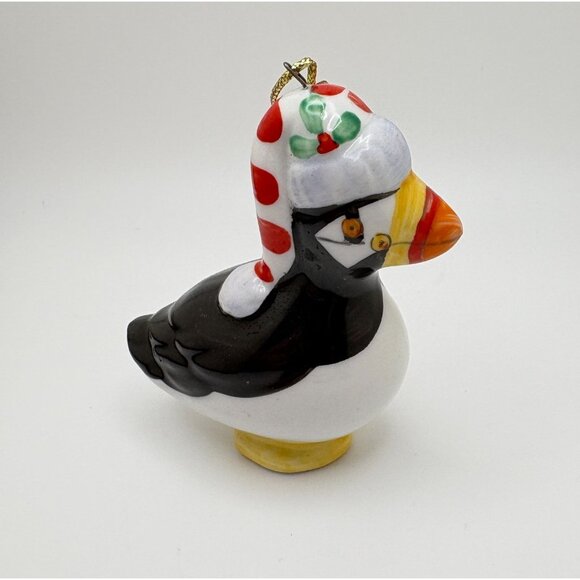 Vintage Ceramic Puffin Christmas Tree Ornament Handpainted with Santa Hat - Picture 5 of 8